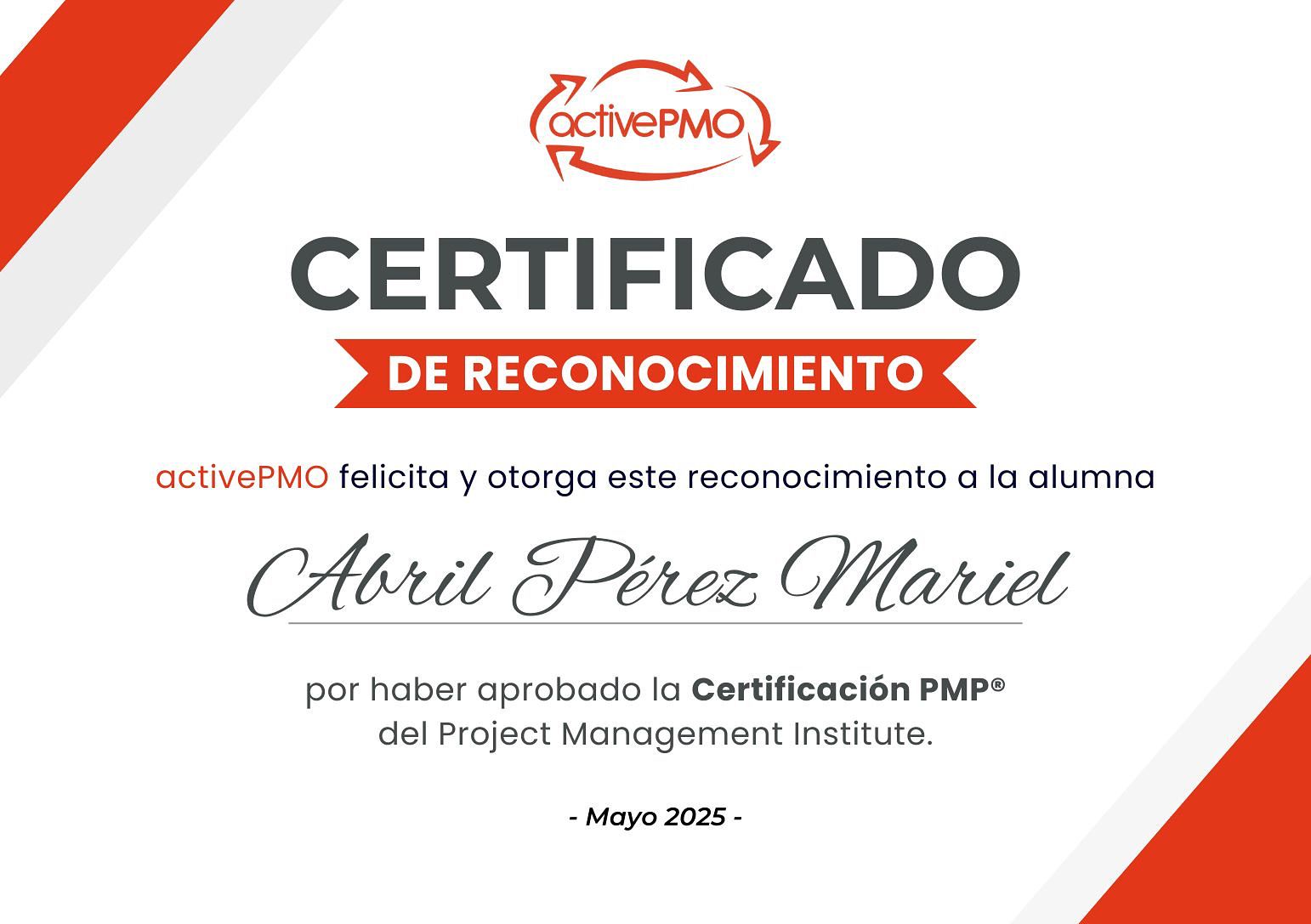 Certificado Diploma ActivePMO PMP Exam