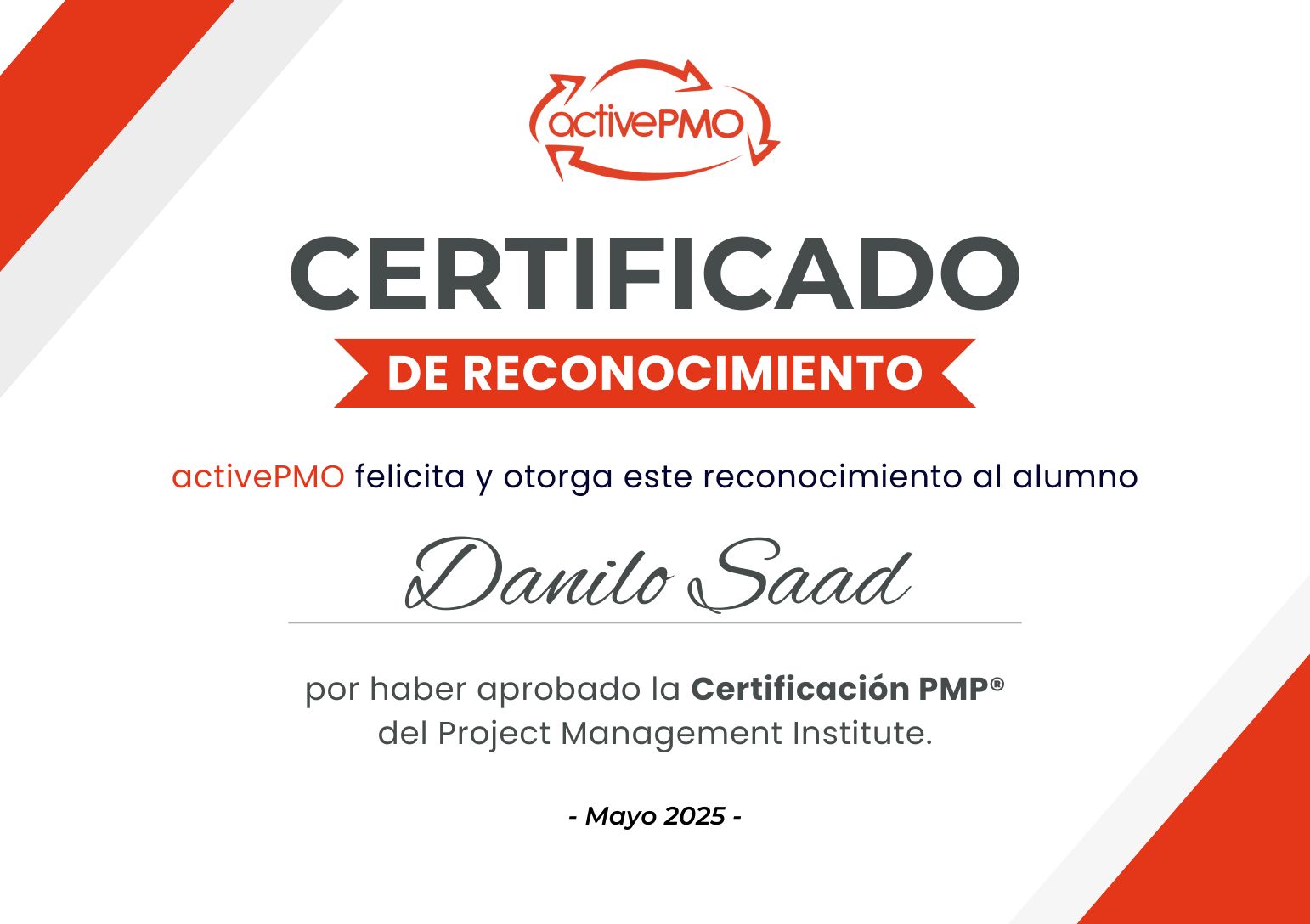 Certificado Diploma ActivePMO PMP Exam