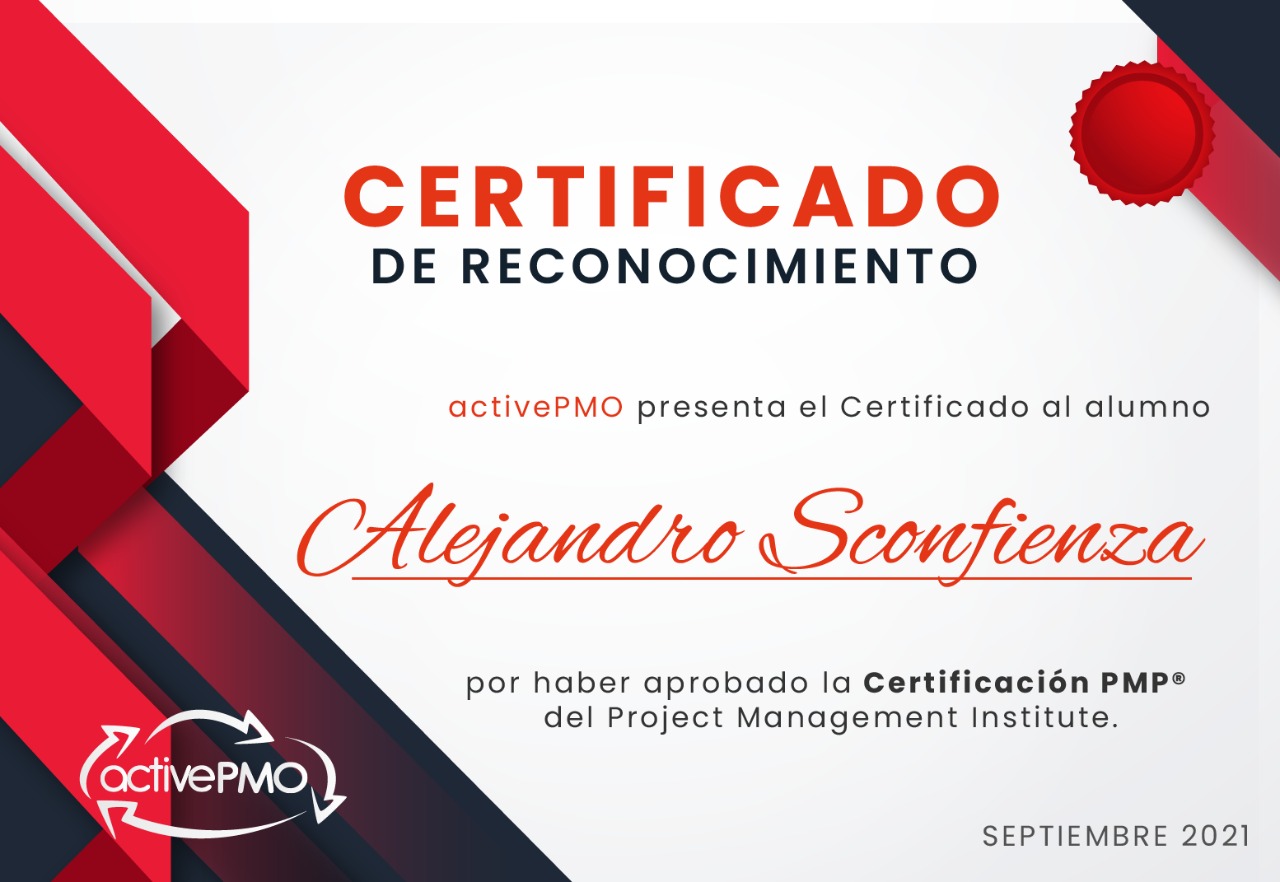 Certificado Diploma de Reconocimiento Examen PMP PMI activePMO Curso Taller