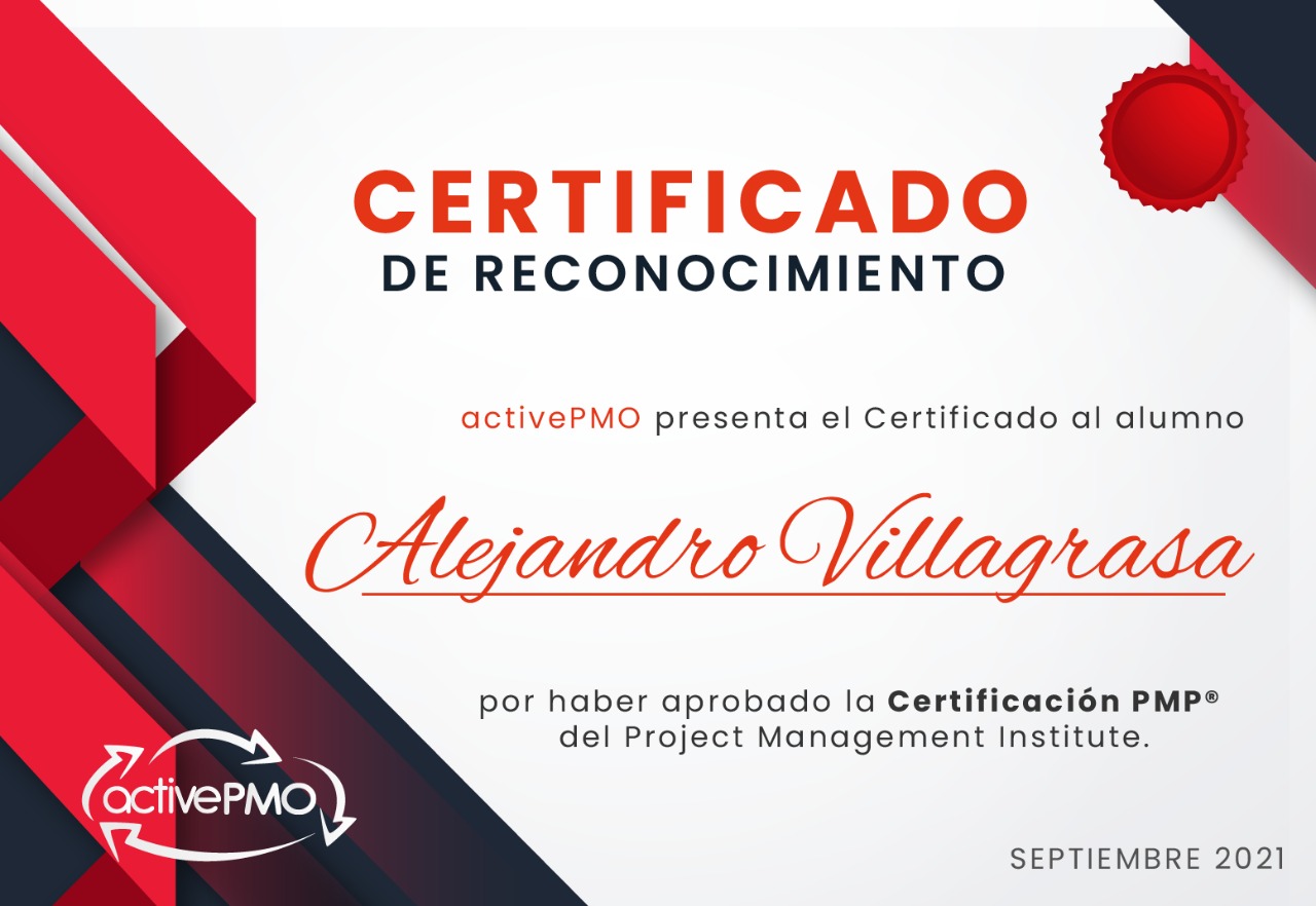 Certificado Diploma de Reconocimiento Examen PMP PMI activePMO Curso Taller