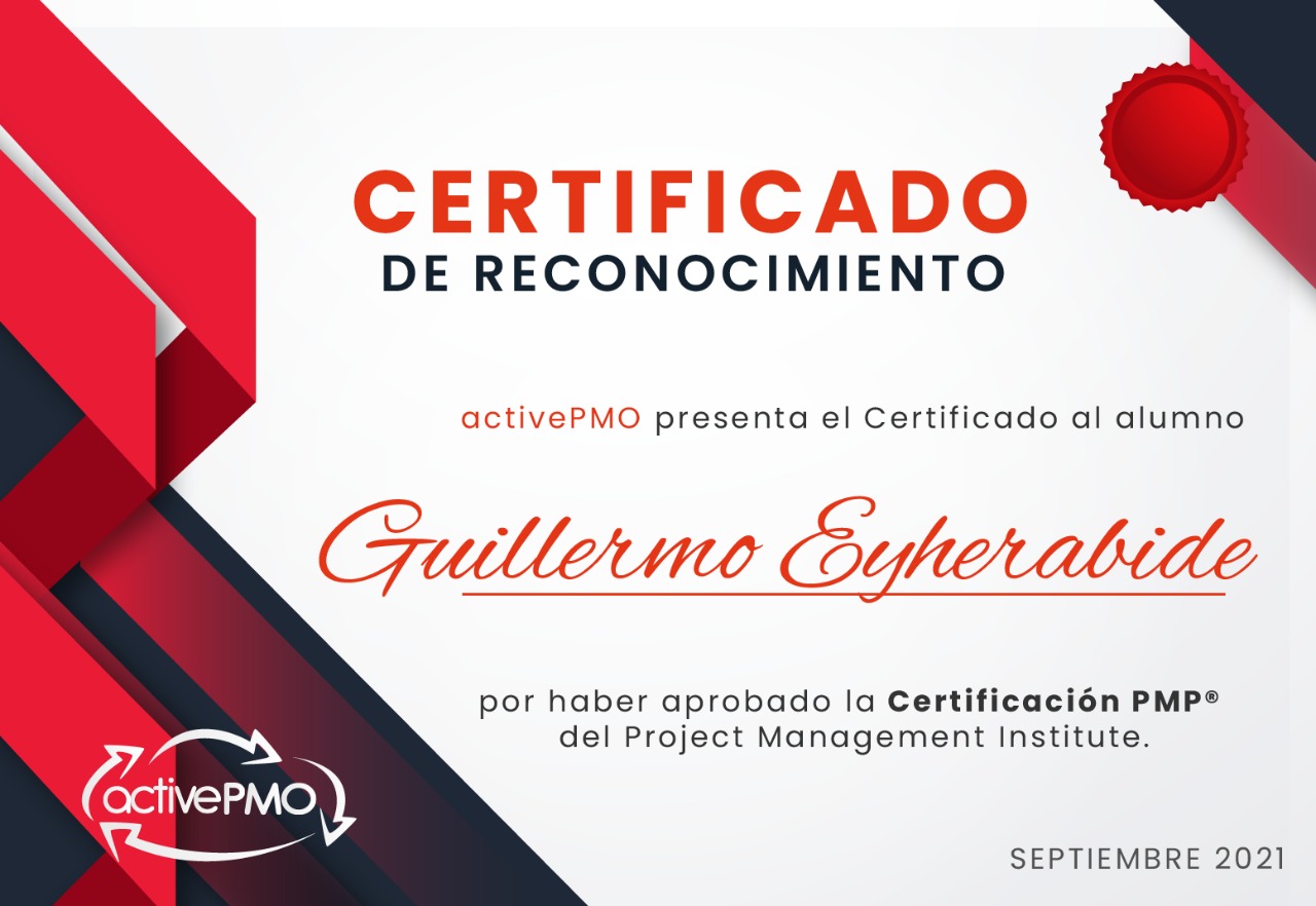 Certificado Diploma de Reconocimiento Examen PMP PMI activePMO Curso Taller
