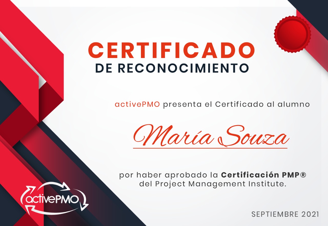 Certificado Diploma de Reconocimiento Examen PMP PMI activePMO Curso Taller