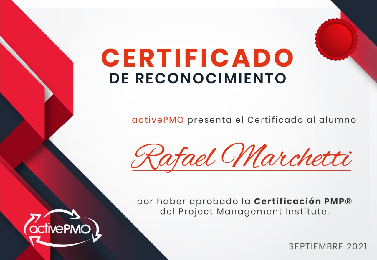 Certificado Diploma de Reconocimiento Examen PMP PMI activePMO Curso Taller