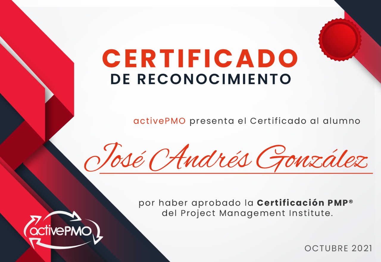 Certificado Diploma de Reconocimiento Examen PMP PMI activePMO Curso Taller