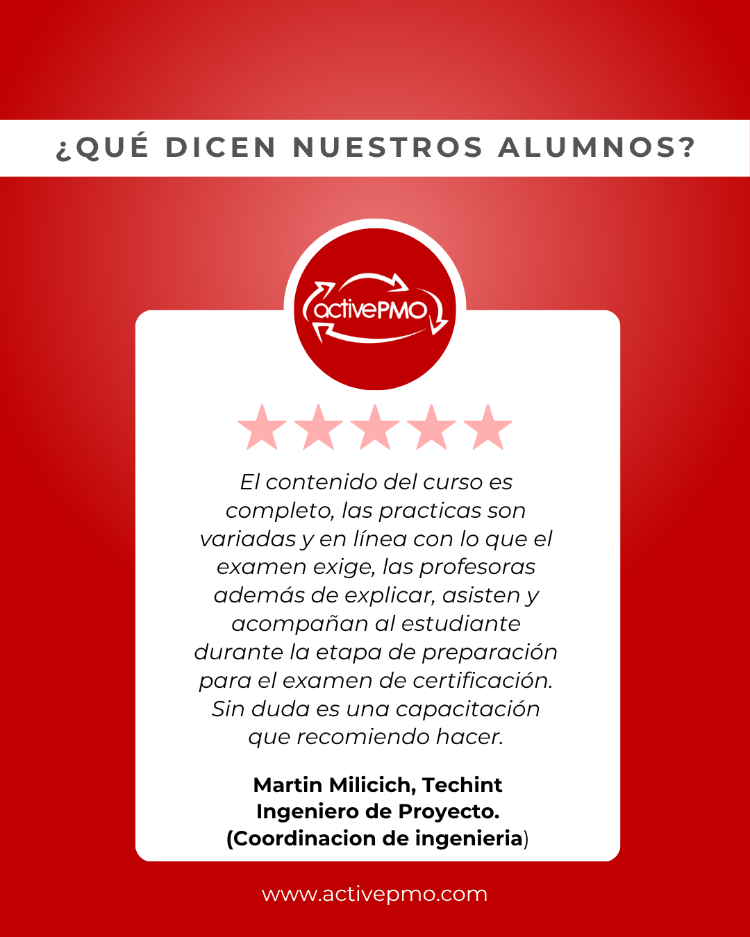 testimonio alumnos activepmo active pmo capacitacion curso taller direccion de proyectos pmp